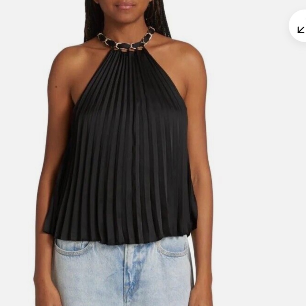NEW Alice+Olivia Alycia Black Pleated Halter Top with chain  S. G969